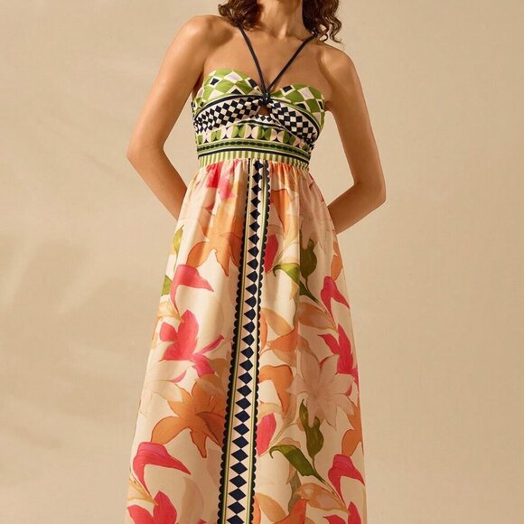 Multicolor Boho Women's Floral Print Hollow Out Sleeveless Extra Long Dress - Picture 4 of 7